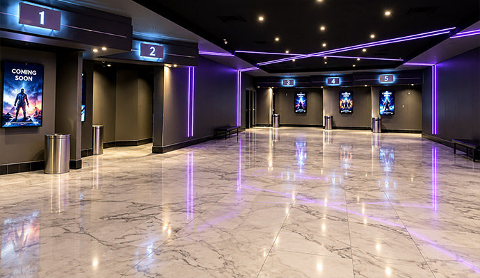 Polished white marble floor in a modern movie theater hallway