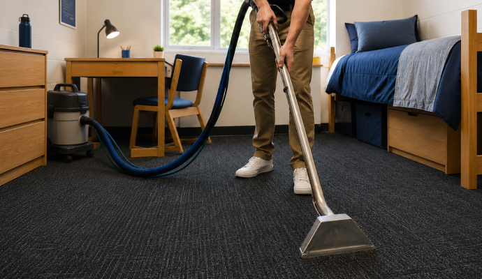 Professional carpet cleaning in dorm room