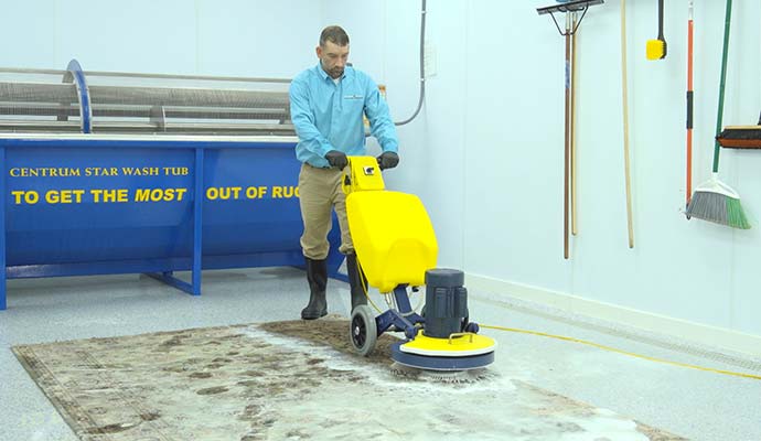 Professional rug cleaning service using rotary scrubbing machine