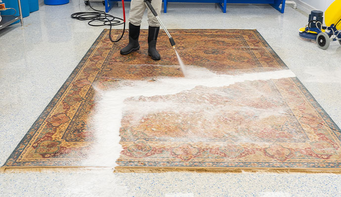 Person cleaning a large patterned rug using a pressure washer in a facility