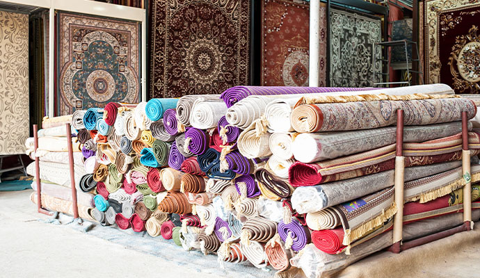 Multiple rolled area rugs stacked together