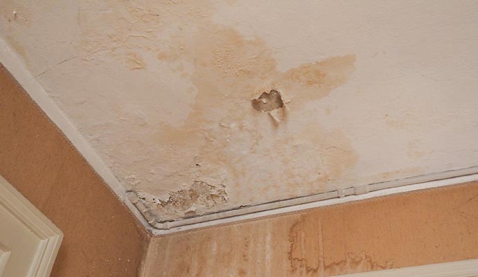 Severe water damage and peeling paint on a ceiling