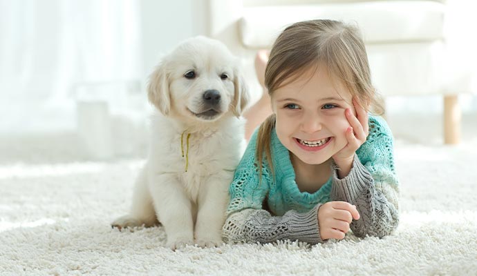 Smiling girl with golden retriever puppy