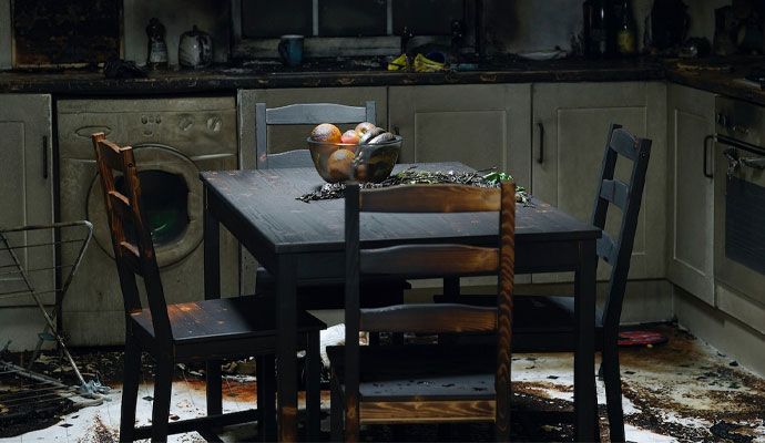 Smoke and soot damaged kitchen