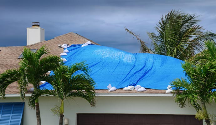 House roof covered by blue tarp