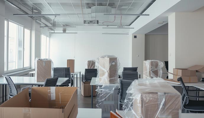 An office space in the middle of being packed up with furniture covered in plastic wrap and cardboard boxes scattered on desks and the floor