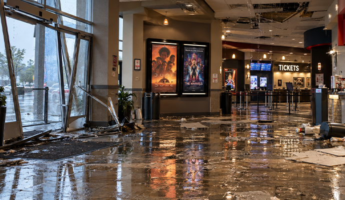 Storm and flood damage in a movie theater lobby with shattered glass doors