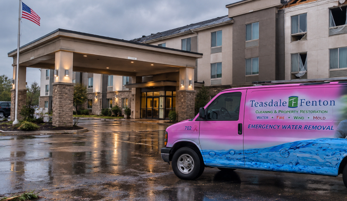Teasdale Fenton service vehicle outside of a hotel after a storm