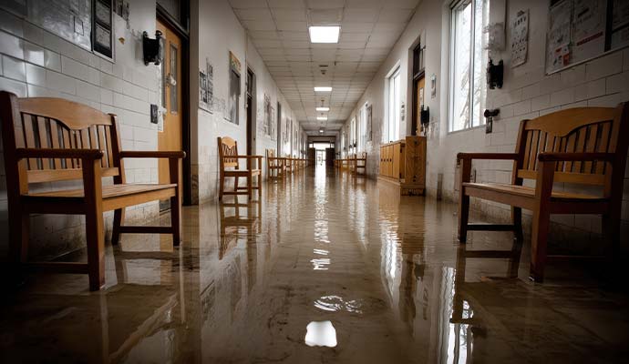 Water damage school hallway