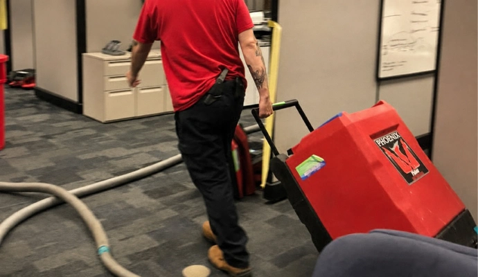 A restoration worker pulling a red Phoenix commercial dehumidifier through an office space during water mitigation