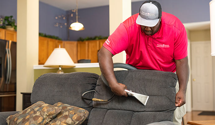 worker cleaning upholstery